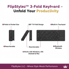 FlipStylez™ 3-Fold Wireless Bluetooth Keyboard with Touchpad – Compact, Rechargeable, Multi-Device, Windows, iOS, Android & Mac | FlipStylez LLC®