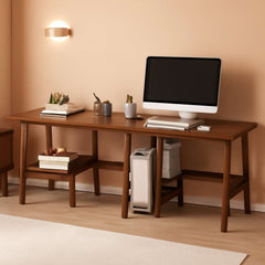 Two Person Desk Walnut 79 Inch Extended Workstation Shelves