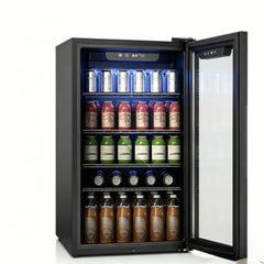 EKOJUCE Beverage Refrigerator and Cooler, 126 Can Mini fridge with Glass Door, Small Refrigerator with Adjustable Shelves for Soda Drinks or coco, Perfect for Home/Ba r/Office (Black/Sliver Steel)