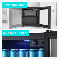 EKOJUCE  Mini Fridge with Glass Door | Countertop Beverage Cooler for Beer, Drinks, Wines with Adjustable Shelves and Blue LED Light for Home, Office, Dorm, Bar