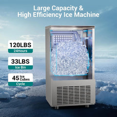 Commercial Ice Maker Machine 120 Lbs/24H Under Counter, Stainless Steel Freestanding Ice Machine, 45 Ice Cubes in 8-15 Minutes
