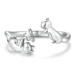 WOSTU 925 Sterling Silver Cat Pet Adjustable Rings For Women Animal Dog Open Ring Family Daughter Birthday Jewelry Girl Gift