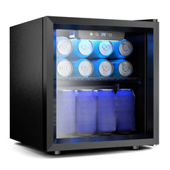 EKOJUCE Glass Door Mini Fridge, Countertop Beverage Refrigerator with Adjustable Shelving and Blue LED Lighting, Compact Drink Cooler for Beer, Wine, Soda & Other Beverages, Ideal for Home, Office, Dorm & Bar