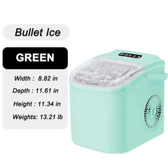 Portable ice maker that produces 9 ice cubes in 6 minutes. Daily ice production capacity: 35 pounds.GREEN