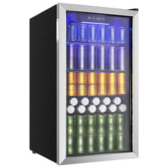 EKOJUCE Beverage Refrigerator and Cooler, 126 Can Mini fridge with Glass Door, Small Refrigerator with Adjustable Shelves for Soda Drinks or coco, Perfect for Home/Ba r/Office (Black/Sliver Steel)