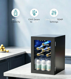 EKOJUCE  Mini Fridge with Glass Door | Countertop Beverage Cooler for Beer, Drinks, Wines with Adjustable Shelves and Blue LED Light for Home, Office, Dorm, Bar