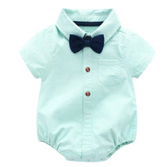 Newborn Boys Bodysuit with Bow Tie Cotton Baby Romper Soft Cartoon Animal Print Formal Short Sleeve Children Top Costume
