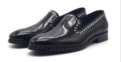 New fashion black shoes for men slip on loafers  rivet square toe  dress shoes Shiny genuine leather men shoes