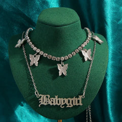 New Multi Layer Butterfly Dragon Charms Crystal Necklaces For Women Punk Golden Angel Letter Clavicle Chain Hiphop Gifts Jewelry