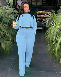 Elegant Work Wear Two Piece Set Fall Clothes for Women Ruffles Crop Top and Wide Leg Pants Suits Matching Sets Sexy Club Outfits