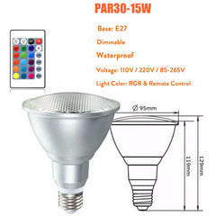 Dimmable RGB PAR30 PAR38 Par Light E27 15W 25W LED Spotlight Bulb Flood Lamp Remote Control Multicolor Home Decoration 110V 220V