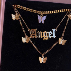 New Multi Layer Butterfly Dragon Charms Crystal Necklaces For Women Punk Golden Angel Letter Clavicle Chain Hiphop Gifts Jewelry