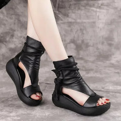 GKTINOO 2026 New Summer Black Women Leather Sandals Cool Boots Platform Shoes Wedges Sandals Women Shoes Fashion Outdoor Sandals