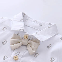 Newborn Boys Bodysuit with Bow Tie Cotton Baby Romper Soft Cartoon Animal Print Formal Short Sleeve Children Top Costume