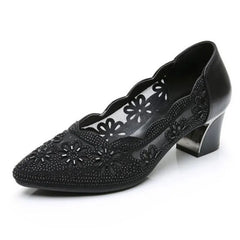 GKTINOO 2026 Summer Fashion Hollow Out Genuine Leather Pumps Women Shoes Med Heels Square Heel Mesh Ladies Office Shoes Crystal