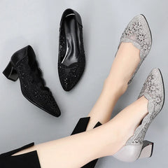 GKTINOO 2026 Summer Fashion Hollow Out Genuine Leather Pumps Women Shoes Med Heels Square Heel Mesh Ladies Office Shoes Crystal