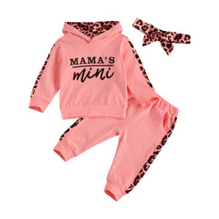 Infant Baby Girl Long-sleeved Trousers Suit Letter Hooded T-shirt Leopard Stitching Long Pants Headband 3Pcs Clothes Spring Fall
