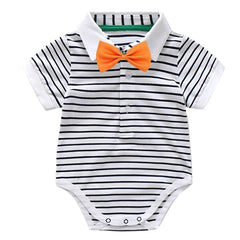 Newborn Boys Bodysuit with Bow Tie Cotton Baby Romper Soft Cartoon Animal Print Formal Short Sleeve Children Top Costume