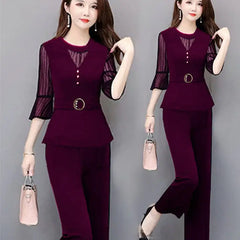 5XL Women Pants 2-Piece Set Female Summer Set Lady Slim Tops+ Wide Leg