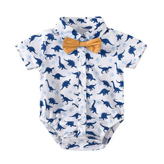 Newborn Boys Bodysuit with Bow Tie Cotton Baby Romper Soft Cartoon Animal Print Formal Short Sleeve Children Top Costume