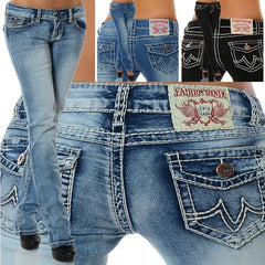 2026 Spring Summer Women's Embroidered Denim Jeans Pants High Waist Straight Trousers Slim Fit Bottoms