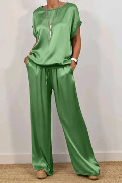 Casual Loose Satin T Shirt Pants Two Piece Sets Women Fashion O-Neck