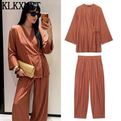 KLKXMYT Women's Vintage Stripe Pants Set Long Sleeve Tied Shirt Tops Suits 2026 Autumn Casual 2 Pieces Set Women ﻿ ﻿