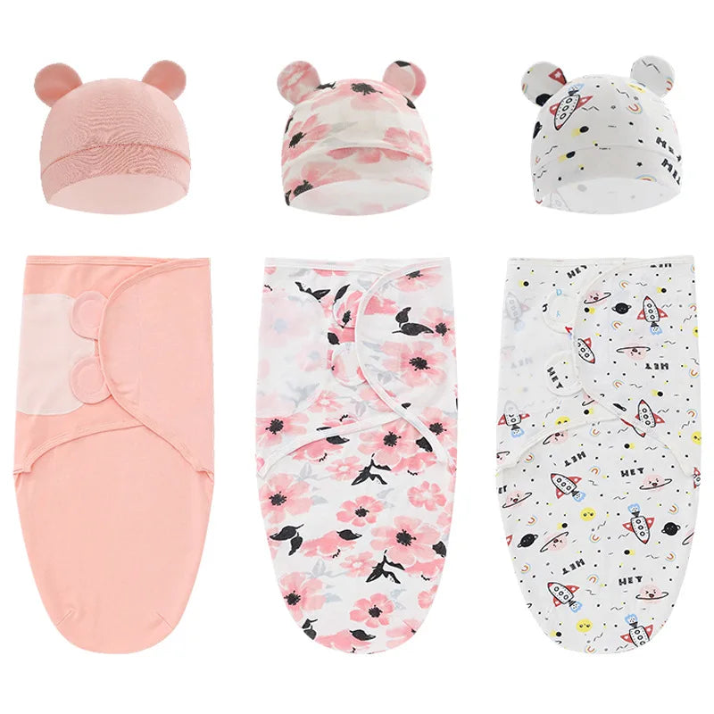 Baby Blanket Hat Set Cartoon Printed Cotton Newborn Swaddle Adjustable Infant Sleeping Swaddle Wraps All Seasons 0-6 Months