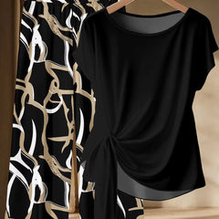 Casual and Elegant Women's Plus Size Premium Black Gold Abstract Print