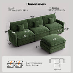 108 Inch Cloud Couch Sectional, Modular Sectional Sofa with Ottoman, Green | L Shaped Sectional Couches for Living, Customized