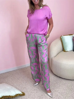 Casual O Neck Short Sleeved T Shirt Printed Trousers 2 Piece Spring