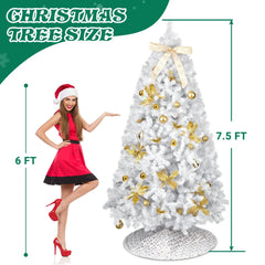 7.5FT White Pre‑lit Artificial Christmas Tree, Hinged Xmas Tree with 400 Warm White LED Lights Remote Control, 1600 Branch Tips with Tree Skirt Bow Gold Ornaments for Home Holiday Decor