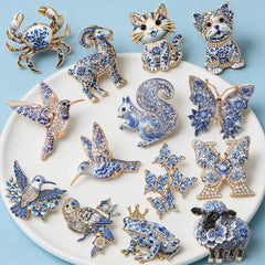 Wuli&baby Blue-and -White Porcelain Collection Animal Brooches For Women Unisex Goat Cat Butterfly Birds Party Office Brooch Pin