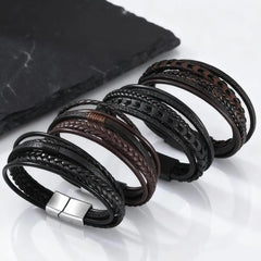 Multi Layer Braided Rope Bracelets for Men,Classic Handmade PU Leather Wristband with Magnetic Buckle,Trendy Punk Jewelry Gift