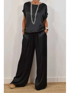 2-Piece Set Fashion Satin O Neck T-Shirt Top Trousers Summer Retro