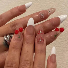 3D Lemon Blue White Striped French Nail Art Summer Chic Short Round False Nails Detachable Finished Fake Nails Press on Nails