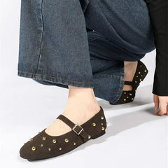 Cool Gold Rivets Design Ballet Flats Women Faux Suede Belt Metal Buckle Low Heel Women Shoes Non-slip Soft Sole Mary Jane Shoes
