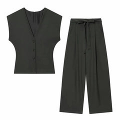 Women Fashion 2-Piece Set Single-breasted Sleeveless V-Neck Pinstripe Vest+Summer Pleated Loose Pocket Belt Zipper Pants