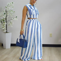 New African Fashion Women Casual Two Piece Set Striped Printed Sleeveless Pockets Crop Vest Top And Wide Leg Pants Set