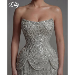 Lily Silver Strapless Prom Dress Beaded Corset with Fringe Skirt Evening Dress Luxury Mermaid Party Dress For Women Customized
