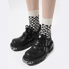 Platform Metal Punk Flats Cross Tied Buckle Single Shoes Zip Round Toe Gothic Runway Casual Women Shoes Goth Black Chunky