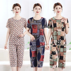 Summer Women's Ice Silk Home Set T-shirt+Pants Fashionable Multi-color Set Thin Asian Size Clothing Plus Size
