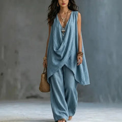Summer Linen Cotton Sleeveless Stand Collar Set Women Casual Loose Fit