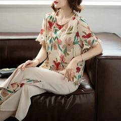 Summer Ladies Fashion Printing Wide Leg Pants 2PCS 2025 Women Short Sleeve Pantalons Outfit Korean Femme Chiffon Two-piece Set