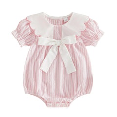 0-18M Newborn Baby Girl Summer Striped Romper Contrast Scalloped Edge Doll Collar Short Sleeve Bodysuit with Front Bow