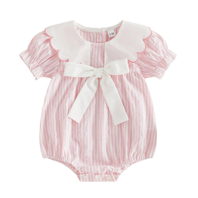 0-18M Newborn Baby Girl Summer Striped Romper Contrast Scalloped Edge Doll Collar Short Sleeve Bodysuit with Front Bow