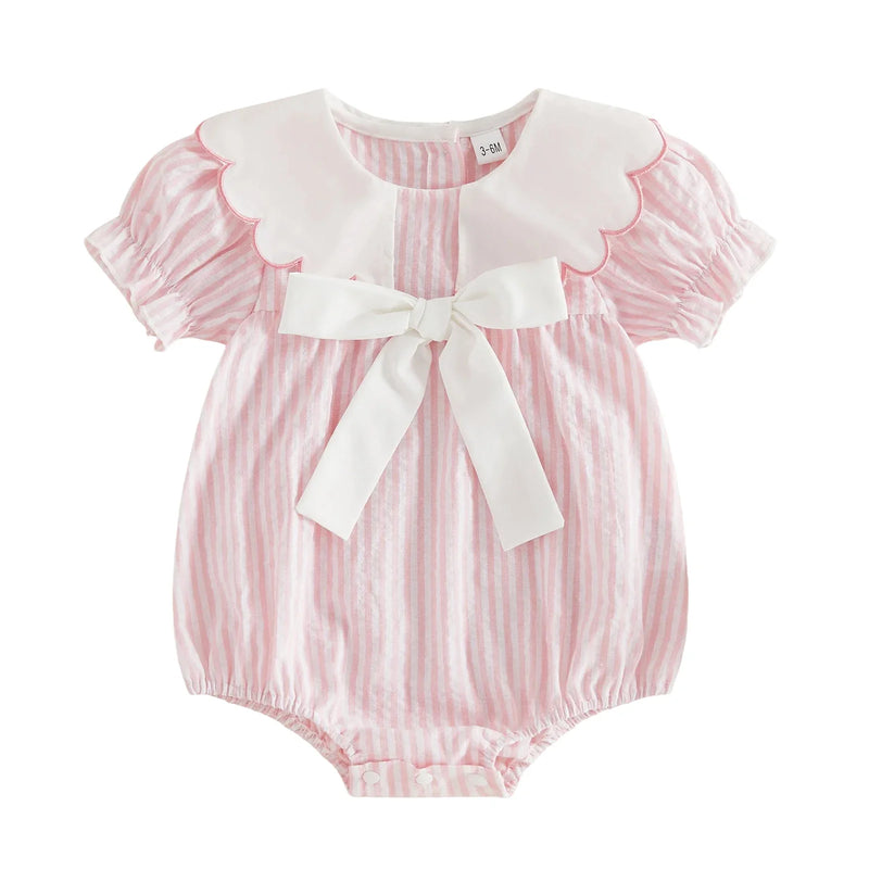 0-18M Newborn Baby Girl Summer Striped Romper Contrast Scalloped Edge Doll Collar Short Sleeve Bodysuit with Front Bow
