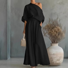 Elegant Two-Piece Short Sleeve Top & Casual Pants Set Woman Sexy Slash