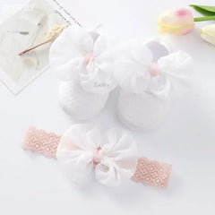 Spring Infant Baby Girl Shoes Newborn Lace Flowers Headband Anti-Slip Soft Sole First Walkers Toddler Kids Cotton Baptism Shoes