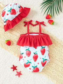 Cute 3-18M baby girl strawberry one-piece swimsuit set with matching sun hat. Watercolor strawberry print, ruffle hem & shoulder